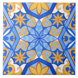 Carreau Formes géométriques abstraites aquarelle bleue et 