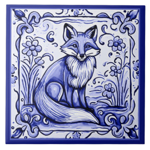 Carreau Fox bleu et blanc méditerranéen Folk Art animal