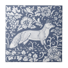 Carreau Fox Blue White Woodland Bird Feuilles Denim