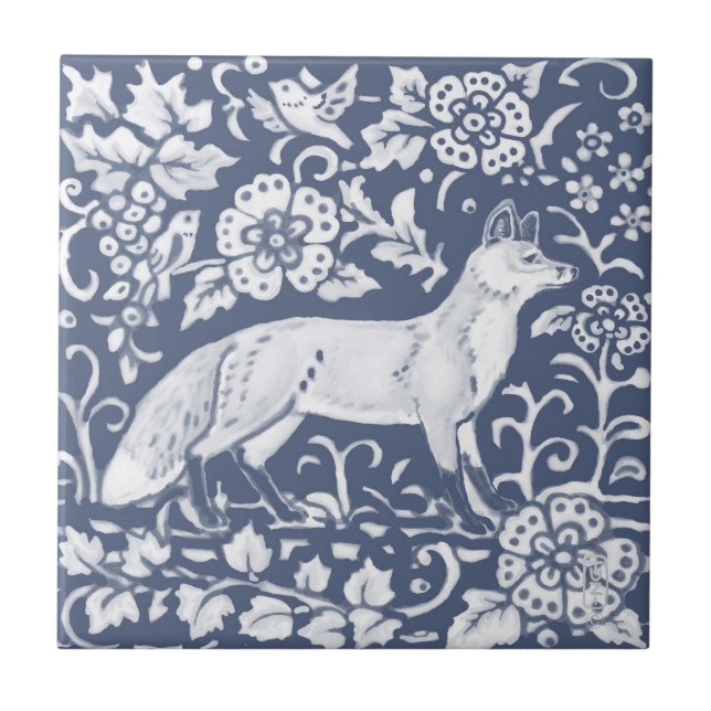 Carreau Fox Blue White Woodland Bird Feuilles Denim (Devant)