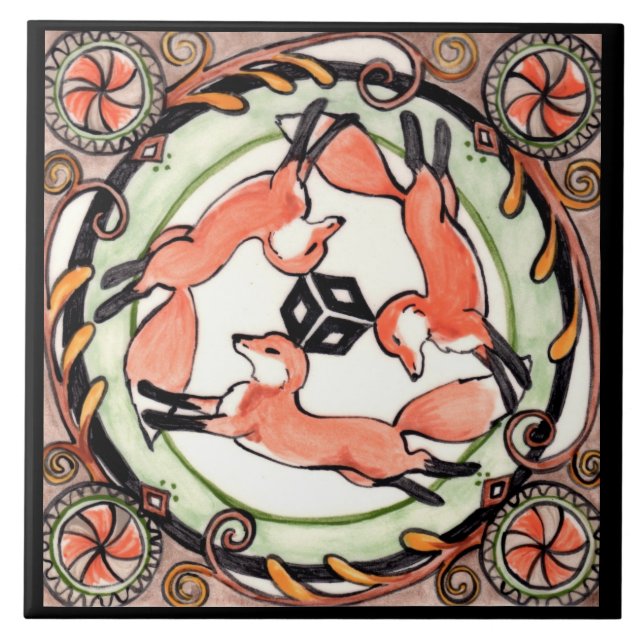 Carreau Fox Trio Mystical Circle Design Art Tile Trivet (Devant)