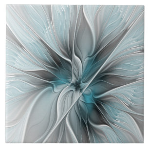 Carreau Fractal Floral Moderne Abstrait Fleur Bleu Gris