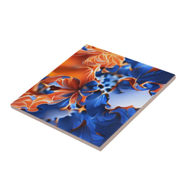 Carreau Fractale florale orange et bleue (Côté)