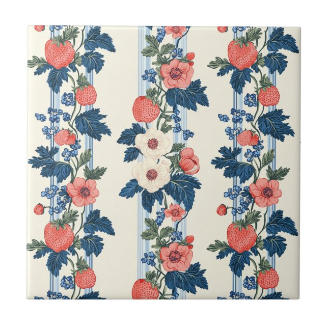 Carreau Fraises vintages et Feuilles bleus motif floral (Devant)