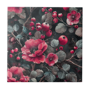 Carreau Framboise, fleurs bordeaux sur gris foncé