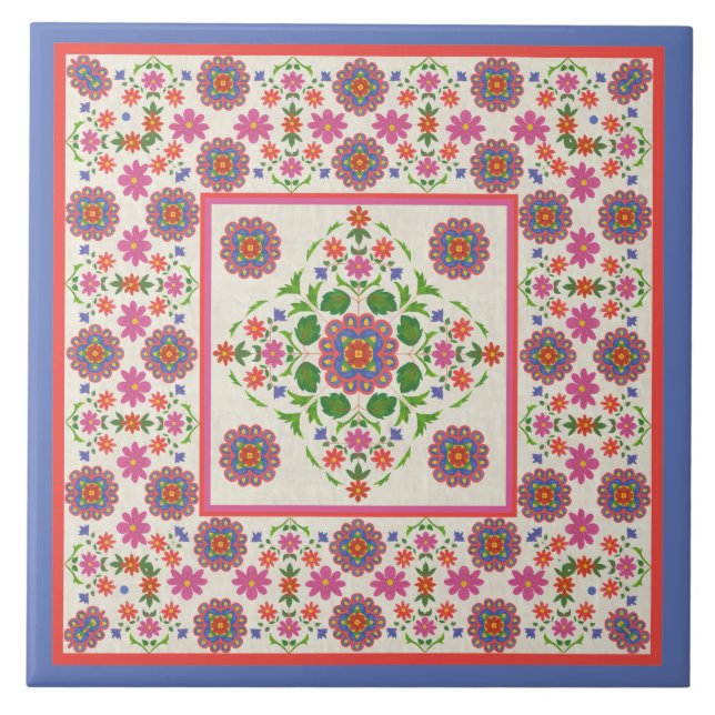 Carreau Frontière florale de motif de Rangoli, Ecru : (Devant)