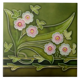 Carreau Frontière verte rose florale de Repro, antiquité T