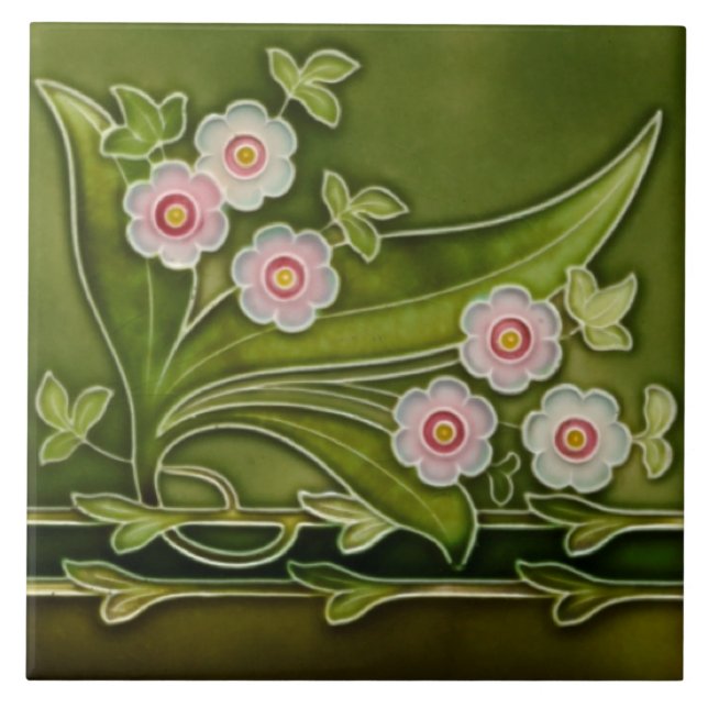 Carreau Frontière verte rose florale de Repro, antiquité T (Devant)