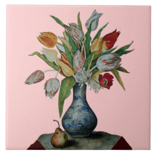 CARREAU FRUITS DE SAISON / TULIPES EN VASE ET POIRE