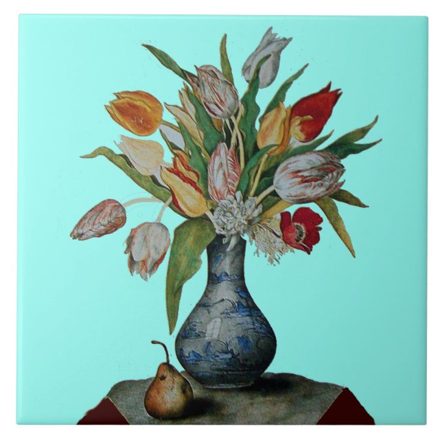 Carreau FRUITS DE SAISON / TULIPES EN VASE ET POIRE Bleu S (Devant)