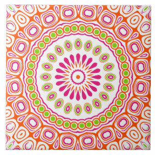 Carreau Fuchsia Orange et Green Vibrant Mandala Motif