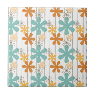 Carreau Fun Retro Floral Motif Orange Bleu Fleurs murales