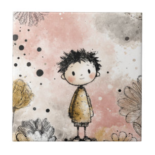 Carreau Garçon Fantaisiste Aquarelle avec Accents Floraux