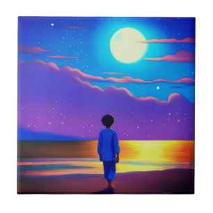 Carreau Garçon sur la plage, regardant la lune