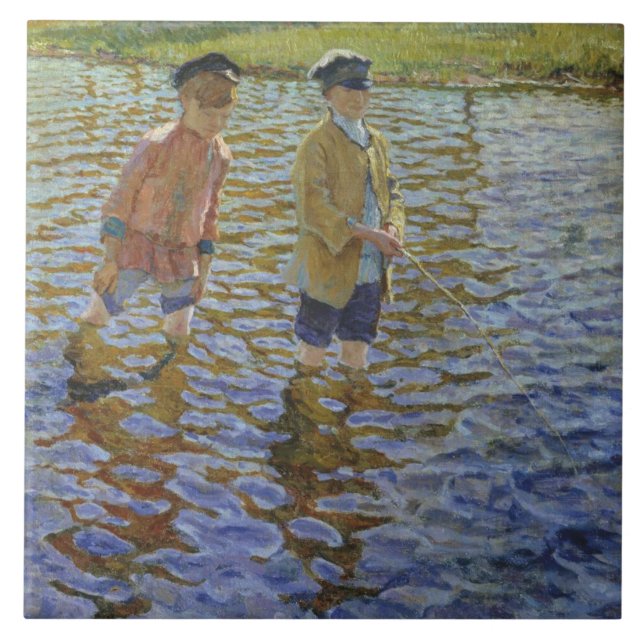 Carreau Garçons Pêche dans la rivière (pêcheurs Vintages) (Devant)