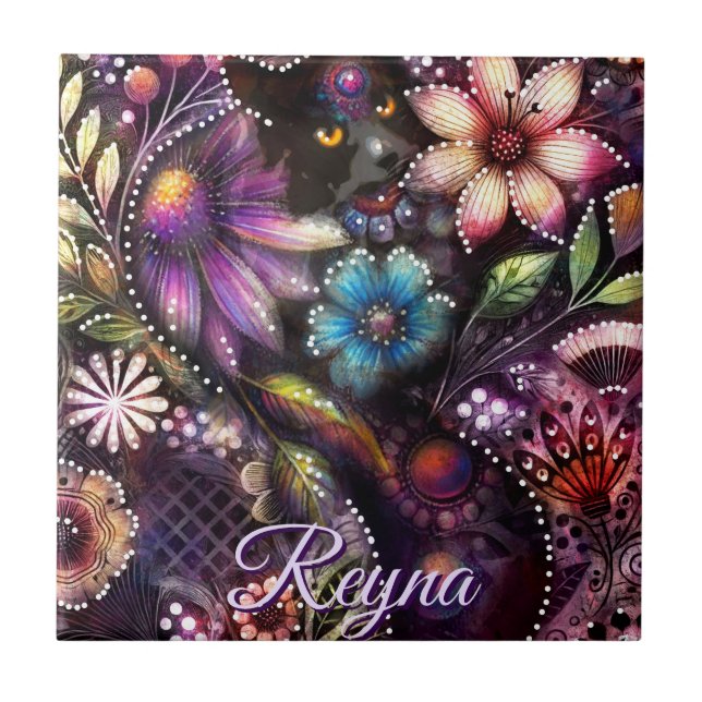 Carreau Garden Kitty Cat Floral Abstract Personalized (Devant)