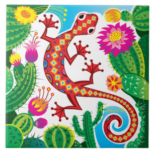 Carreau Gecko du Sud-Ouest avec Fleurs de Cactus