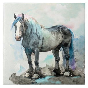 Carreau Gentil Cheval de Trait Shire Aquarelle Bleu