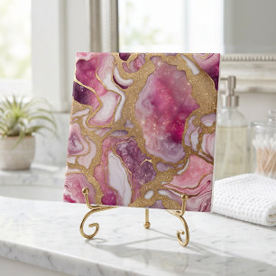 Carreau Géode d'agate rose et or en résine abstraite
