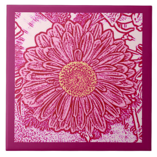 Carreau Gerbera Daisy Block Imprimer, Maroon & Pastel rose