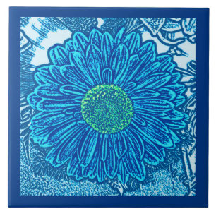 Carreau Gerbera Daisy Block Print, Cerulean & Indigo Blue 