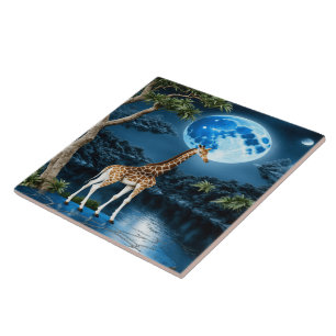 Carreau Girafe debout près d'une rivière sous ciel de lune
