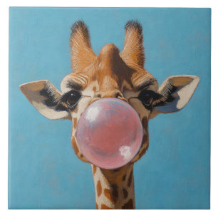 Carreau Girafe soufflant une bulle de bubble-gum rose