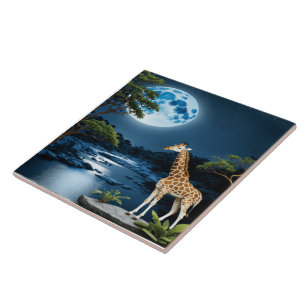 Carreau Girafe Sur La Rivière Lune Sous Starlit Sky