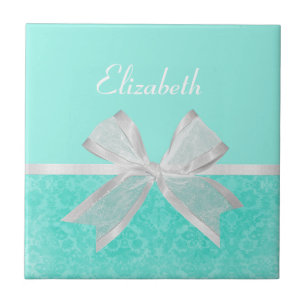 Carreau Girl Aqua Turquoise Damask Ruban blanc avec nom