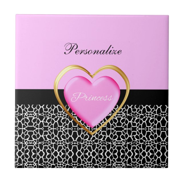 Carreau Girls Rose Black Princess Giraffe Imprimer et nom (Devant)