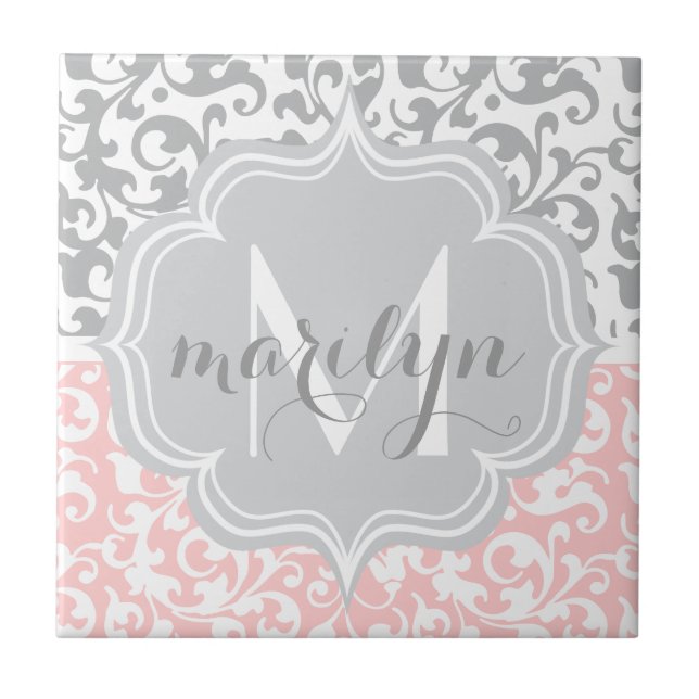 Carreau Girly Damask tourne rose et gris Monogramme (Devant)