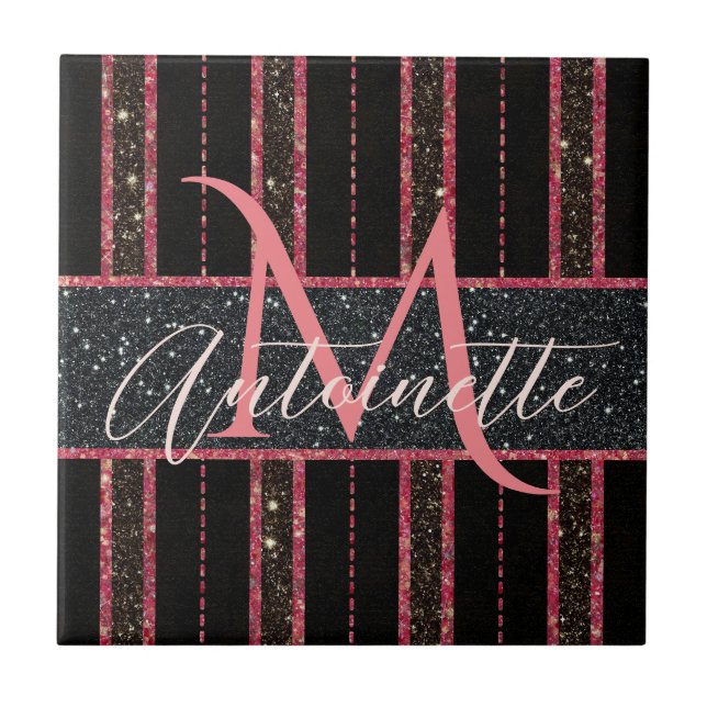 Carreau Glam Parties scintillant Nom monogramme Noir et ro (Devant)