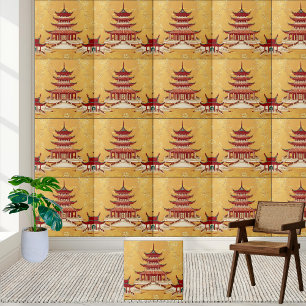 Carreau Gold Floral Asiatique Temple Chinoiserie Pagoda Ca