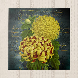 Carreau Gold Red Chrysanthèmes sur Turquoise Damask en écr