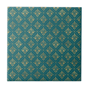 Carreau Golden Elegance - Dark Turquoise & Gold Botanical