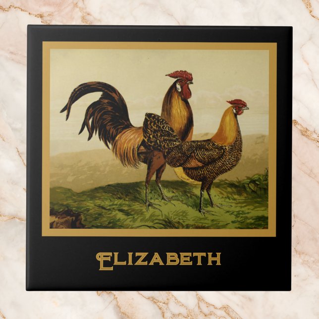 Carreau Golden Penciled Hamburg Roosters Black Monogram (Créateur téléchargé)