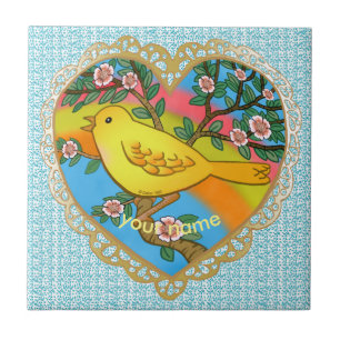 Carreau Grand-mère au coeur des oiseaux jaunes nom personn