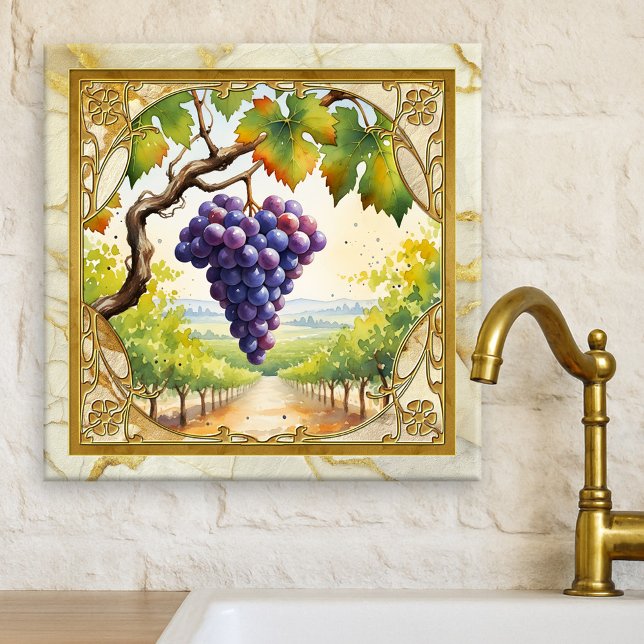 Carreau Grapes Vineyard Gold Ceramic Tile (Tile featuring a watercolor painting of grapes in a vineyard framed by classic gold and marble)