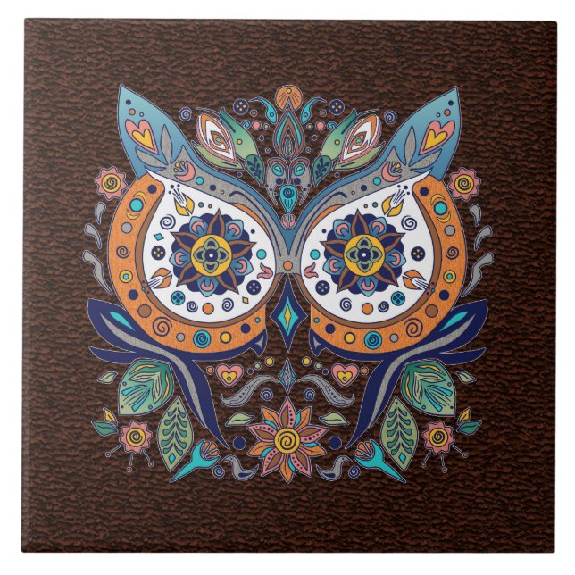 Carreau Graphique mexicain Chouette visage Feuille Floral (Devant)
