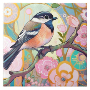 Carreau Great Tit Bird Chickadee Rose Fleur Floral
