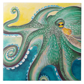 Carreau Green Yellow Octopus Watercolor Art