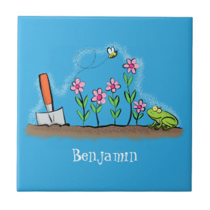 Carreau Grenouille mignonne et abeille dans le jardin dess