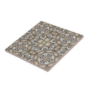 Carreau Grey Taupe Ochre Brown Beige Ethnic Tribu Art