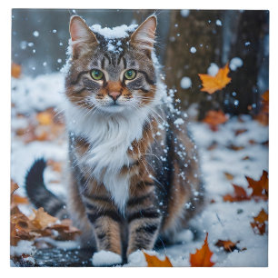 Carreau Gris Chat Yeux verts Poser avec feuilles d'automne