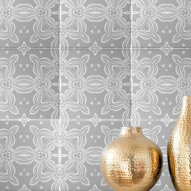 Carreau Gris Clair Et Blanc Orné Élégant Modèle Damas (Créateur téléchargé)