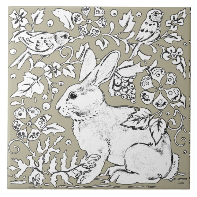 Carreau Gris Lapin Lapin Oiseau Flore Dessin Dessin Dessin (Devant)
