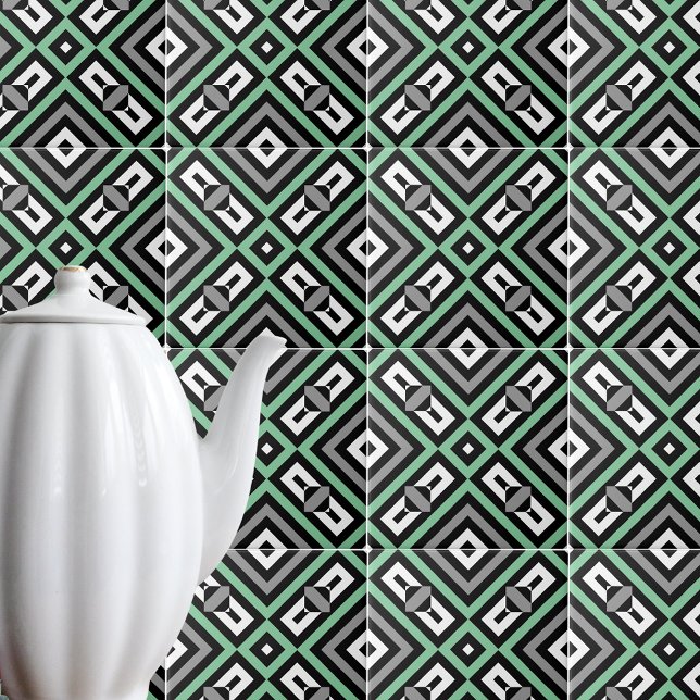 Carreau Gris vert noir blanc foncé Art géométrique rayé (Créateur téléchargé)