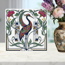 Grue Art Nouveau Motif Géométrique Floral Céramiqu