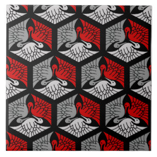 Carreau Grues japonaises, rouge, gris / gris / noir 