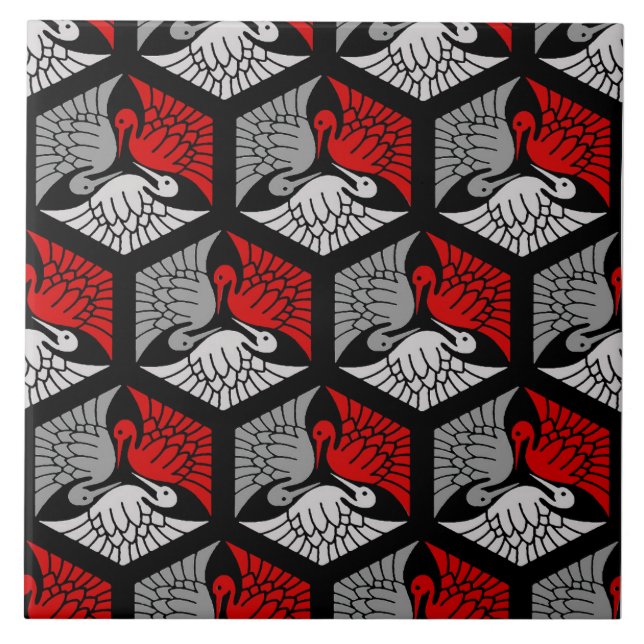 Carreau Grues japonaises, rouge, gris / gris / noir  (Devant)